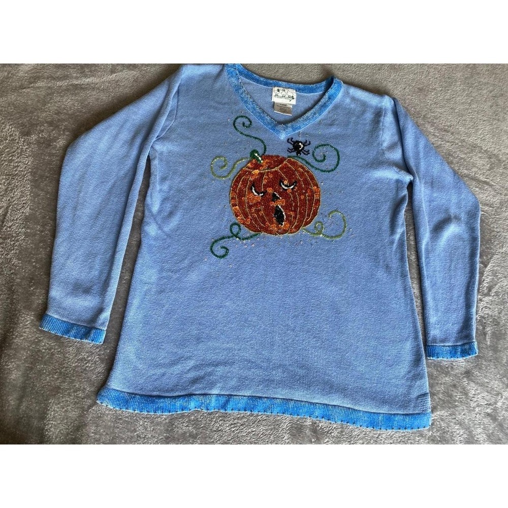 Sequin Beaded Pumpkin Fall Sweater Novelty Halloween Thanksgiving Vintage sku58